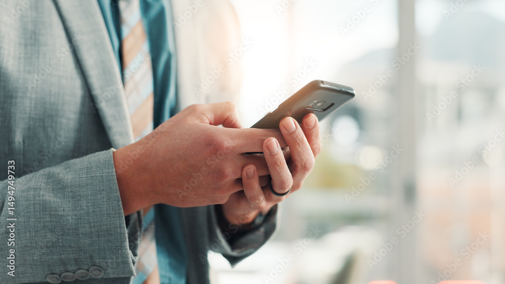 Poster cellphone, hands and businessman in office with communication, contact or networking. feedback, phon