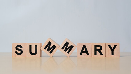 Summary text printed on wooden cube blocks. Past performance analysis for learning and improvement. Preparation for business plan and strategy development. Meeting, working, project summary report