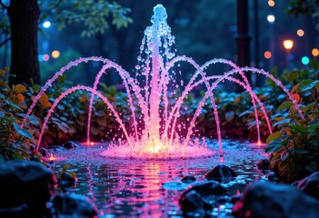 Colorful illuminated fountain in a peaceful park setting during evening hours