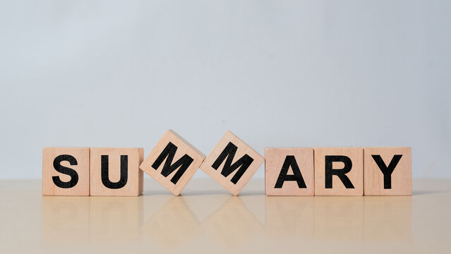 Summary text printed on wooden cube blocks. Past performance analysis for learning and improvement. Preparation for business plan and strategy development. Meeting, working, project summary report