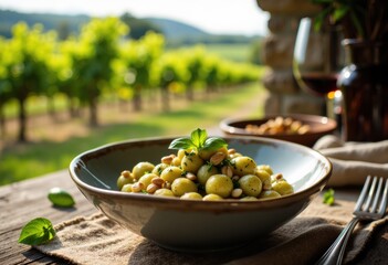 Fresh green salad with pine nuts served in a rustic bowl