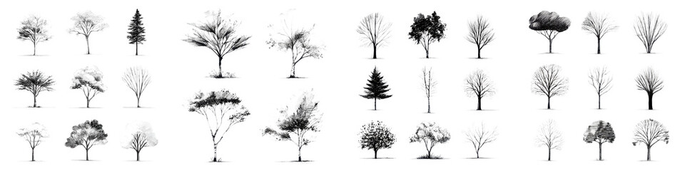 Fototapeta premium A collection of tree silhouettes in black and white long title A set of minimalist black and white tree silhouettes in various shapes and