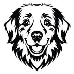 Detailed Black and White Illustration of a Smiling Golden Retriever Head on a White Background, Perfect for Designs and Clip Art Applications.        