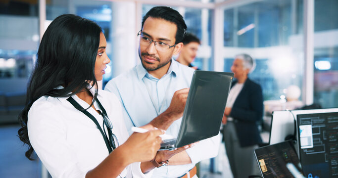 People, developer and talk with laptop in office for programming, coding training and check server. Team, mentor and helping with app testing, IT intern and web application and troubleshooting system