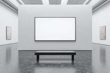 Blank White Huge Gallery Wall with Bench in Museum Mockup Empty Giant Expo Display in Hall Mock Up