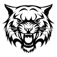 Striking Silhouette of an Angry Tiger Head with Ferocious Fangs in Black and White                                                                    