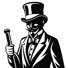 Monochrome Silhouette of a Gentleman with Top Hat and Cane, Isolated on White Background                                                              