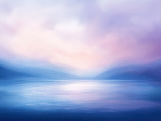 Fototapeta premium Serene and tranquil digital watercolor landscape of a calm lake surrounded by distant mountains under a soft pastel sky, creating a peaceful and dreamy atmosphere