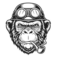 Vintage Gorilla Biker with Pipe: Striking Black and White Graphic for Apparel or Tattoo Design, Cool Primate Character, Retro Pilot Style.            
