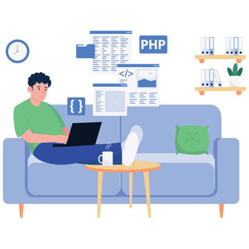 Remote Work Illustration. Vector illustration of A programmer coding comfortably from the couch with digital tools and PHP references. Isolated on background