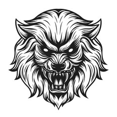 Monochrome Illustration of a Ferocious Werewolf Head with Sharp Teeth, Menacing Gaze, and Wild Fur against a Clean White Backdrop.                    