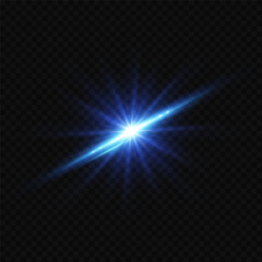 Shining flash of light blue star with realistic lens flare.