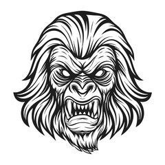 Detailed Black and White Vector Illustration of a Fierce Yeti Head with Sharp Teeth and Furry Mane, Isolated on White Background                      