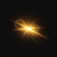 Fototapeta premium Shining golden star light flash with realistic lens flare. On a transparent background