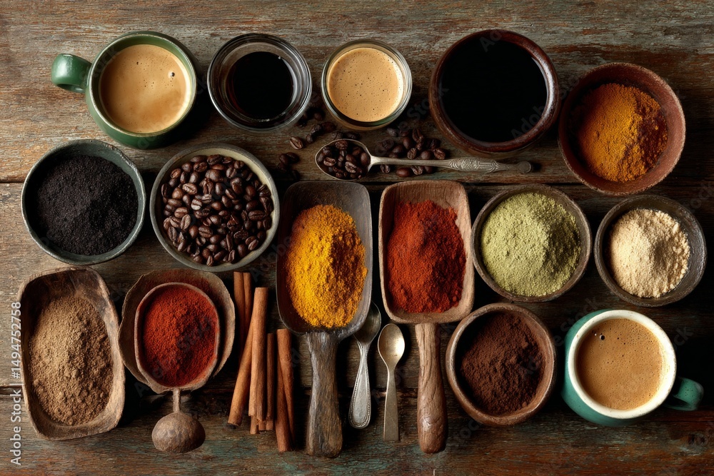 Poster colorful spices and coffee displayed on a rustic wooden table in a warm and inviting kitchen setting