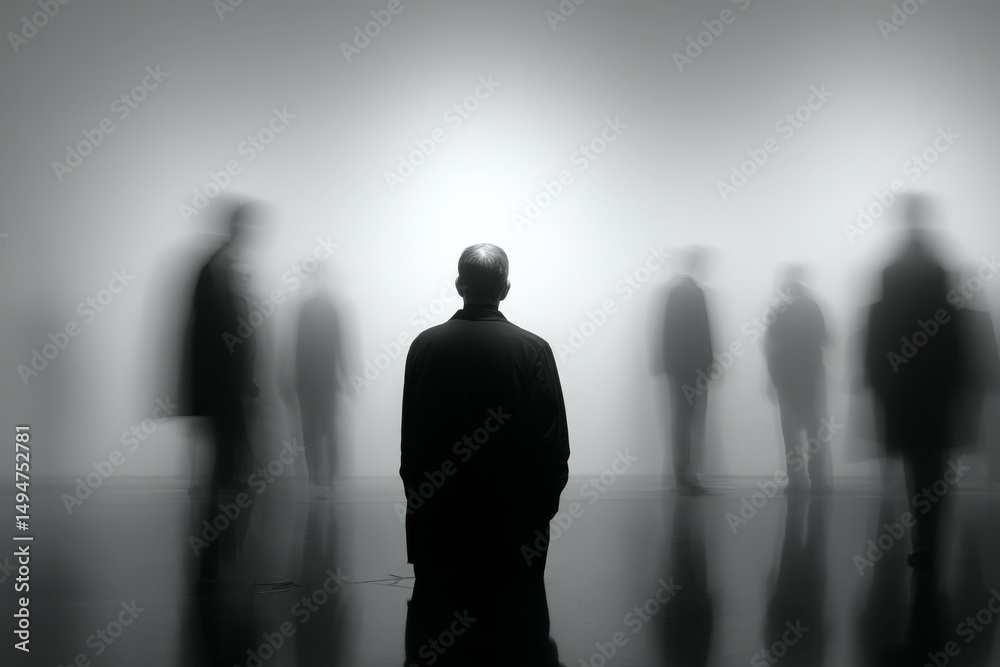 Poster People interacting in a gallery space with blurred figures during an art exhibit in a modern setting