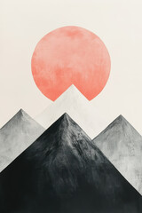 Abstract minimal landscape painting featu a large pink sun rising behind stylized black and white mountain peaks on a light background, modern art style