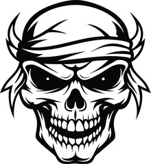 Monochrome Skull with Bandana: Detailed Vector Illustration for Graphic Design and Illustration                                                       