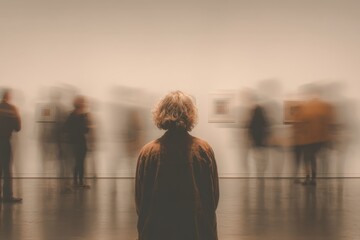 Visitors explore an art gallery while one person stands contemplatively in the foreground amidst blurred backgrounds
