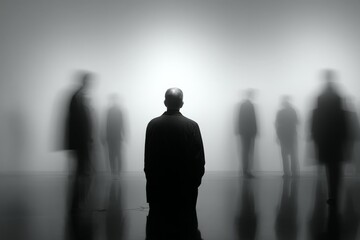 Fototapeta premium People interacting in a gallery space with blurred figures during an art exhibit in a modern setting