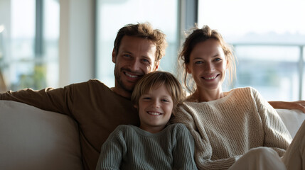 Obraz premium modern family (father, mother, young son) relaxing together on a minimalist beige sofa in a bright modern living room