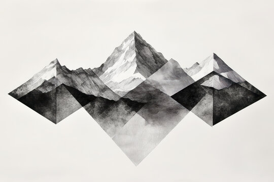 Monochrome abstract mountain landscape with peaks and layered geometric shapes in black, white, and gray tones, modern minimalistic mountain art image