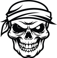 Monochrome Skull with Bandana: Vector Graphic for T-shirt Design or Halloween Illustration, Evil Eyes and Jagged Teeth.                               