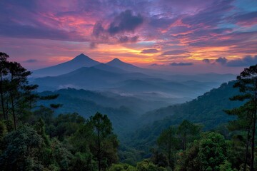 Majestic sunrise over mountains and valleys in lush landscape of Guatemala during early morning hours