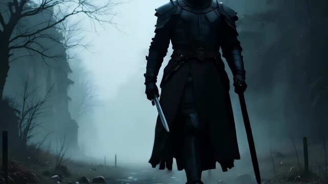 Medieval Masked Warrior Walking Away from a Misty Landscape
