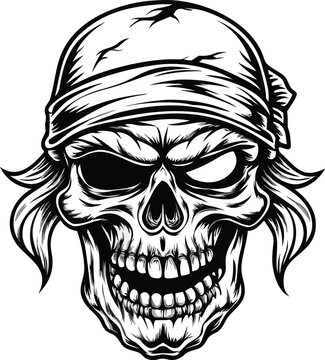 recommend clip art: Grinning Skull with Bandana, Black and White Vector Illustration, Eye Patch, Pirate                                                                   