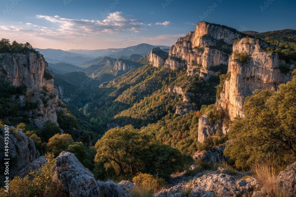Poster breathtaking view of rugged mountains during golden hour in a serene valley with trees and distant p