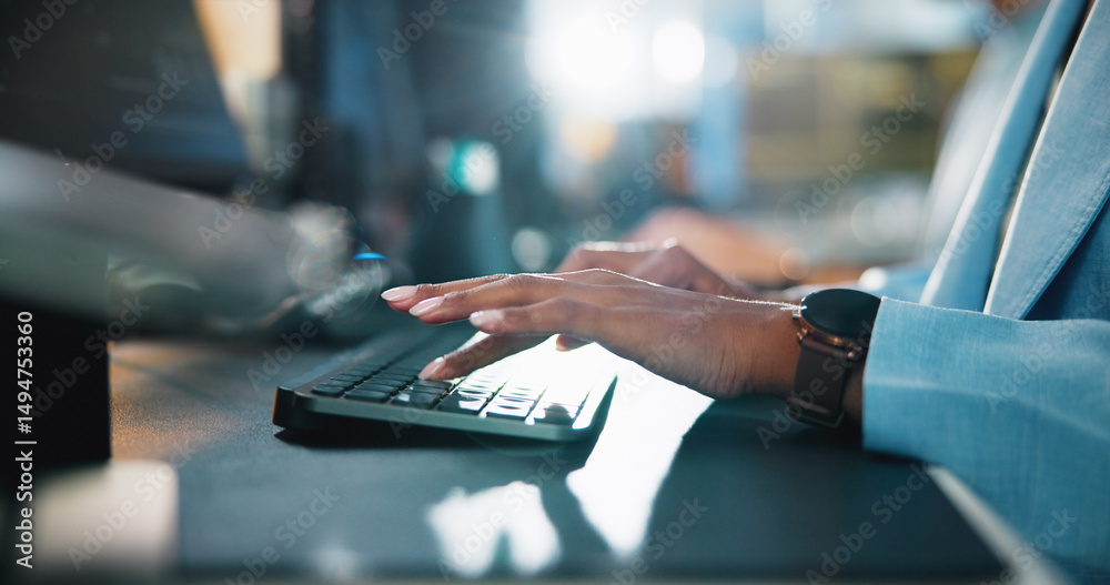 Aufkleber Office, hands and typing with computer for programming, web development and research. Business career, night and programmer with keyboard for coding, software update or professional person in closeup