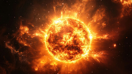 Abstract fiery sun explosion with bright intense flames and luminous particles radiating in all directions representing solar activity and cosmic energy