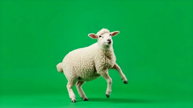Lamb Jumping on Green Screen - A young, white lamb walks towards the camera against a bright green screen background. The lamb is in focus and well-lit, making it ideal for chroma key compositing.