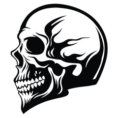 Black and White Skull Illustration: Side View Graphic Element for Design Projects.                                                                    