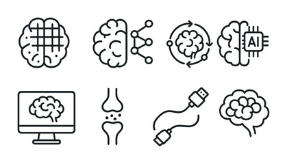 Artificial intelligence and neural network line icons set – tech, brain, ai symbols