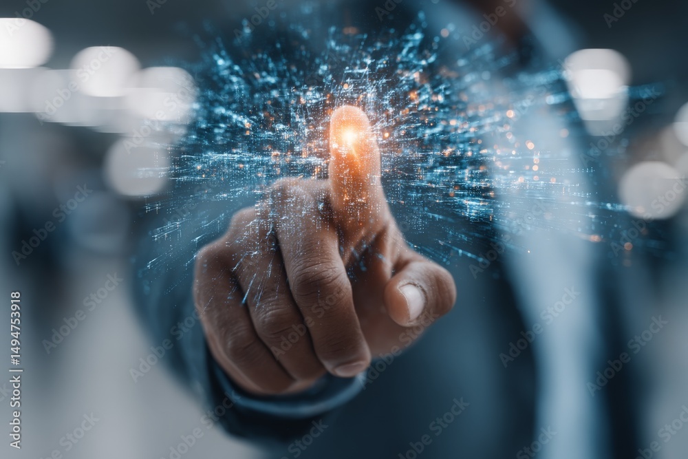 Aufkleber Digital interaction captured in a modern workspace with glowing connections and technology