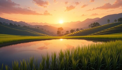 Serene sunrise over lush terraced rice fields with reflective water and distant mountains