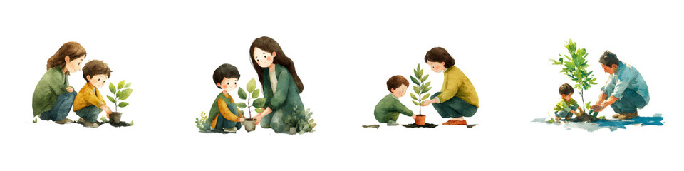 Family Engaging in Gardening Activities with Children in Nature