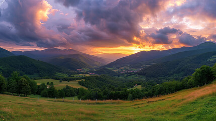 Golden sunset over a serene landscape, warm light through clouds, orange and purple hues blending in harmony