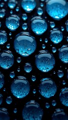 Numerous blue  hued water droplets of varying sizes on a dark background, glistening and round. 