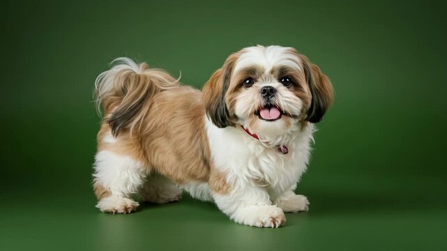Happy Shih Tzu Puppy on Green Background - An adorable Shih Tzu puppy stands on a solid green background, its tongue playfully sticking out. The dog is looking towards the viewer