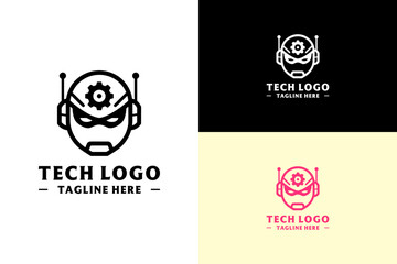 vector illustration of robot face with antennas and gear in brain, logo for artificial intelligence, ai era, mechanical, technical, database, automation, internet of things, tech, and more