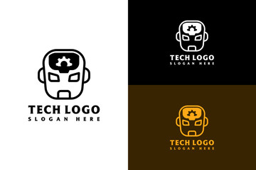 illustration of robot face and gear brain, vector, minimalist, logo for technical, data center, internet of things, artificial intelligence, data science, fintech, mechanical, and more