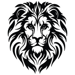 Detailed Black and White Lion Head Illustration with Intricate Mane Design                                                                            