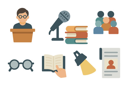 Public speaking flat icons set – presentation, communication, seminar graphics