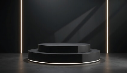 Empty 3D stage with gold winner's pedestal and spotlight, a symbol of success podium
