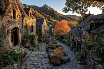 Charming stone village nestled in the mountains during autumn sunset with vibrant foliage and winding pathways