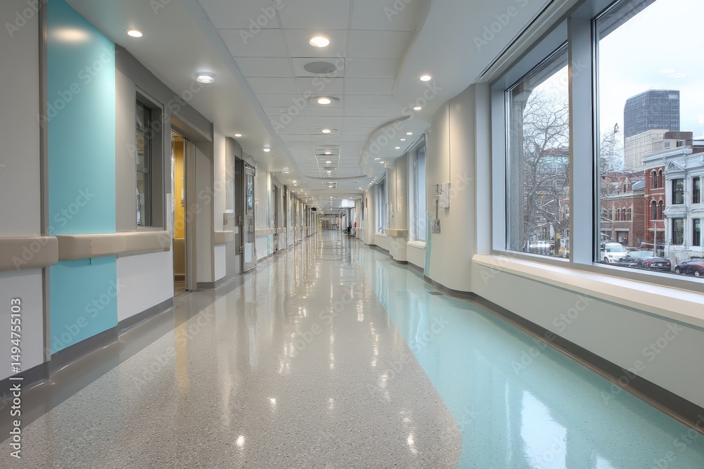 Poster bright and spacious hospital hallway with large windows on a cloudy day