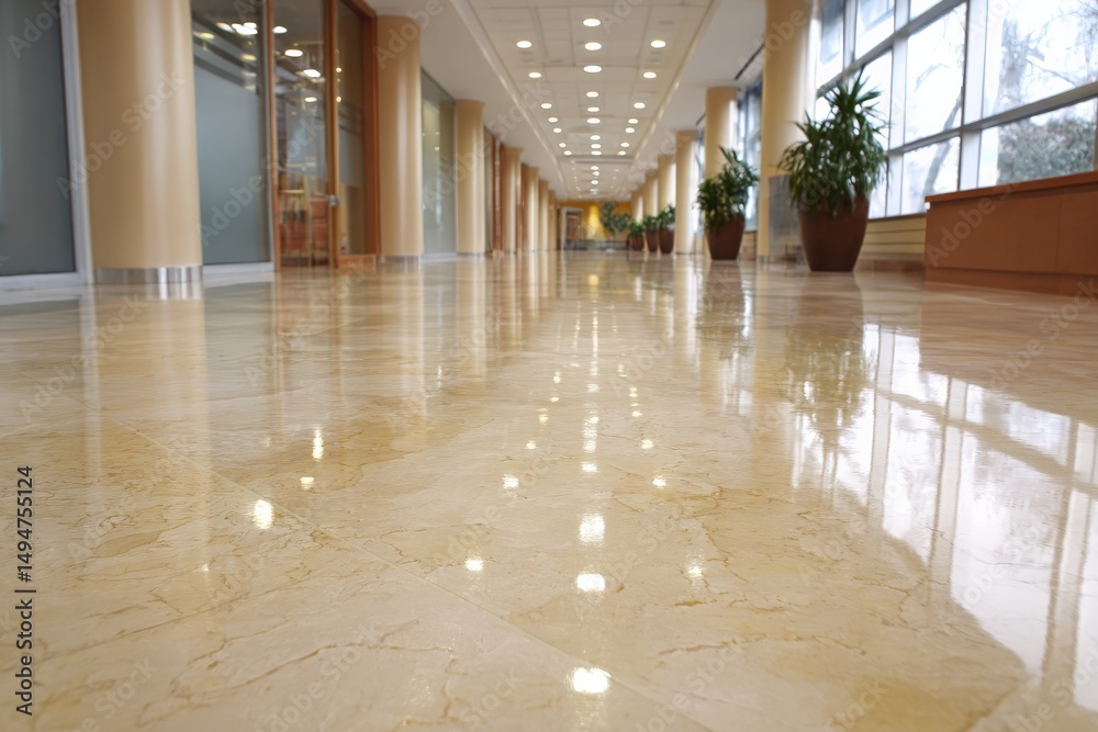 Aufkleber Gleaming marble floor in a spacious indoor corridor with natural light flooding through large windows